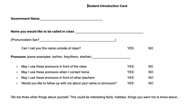 Student Introduction Card