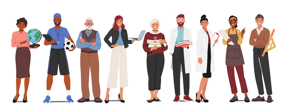Dedicated Teachers Stand In A Row, Each An Inspiring Beacon Of Knowledge And Guidance