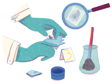 Illustration of a scientist’s gloved hands examining evidence. One hand holds a paper while the other uses a tool to lift a fingerprint. Nearby are investigation items including a magnifying glass showing a fingerprint, a labeled evidence marker with the number 3, a brush, powder jar, and small containers used for collecting forensic samples.